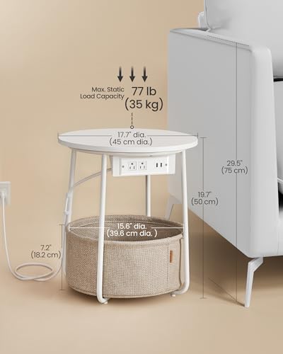 VASAGLE Round End Table with Charging Station - Matte White & Camel Brown, Fabric Basket