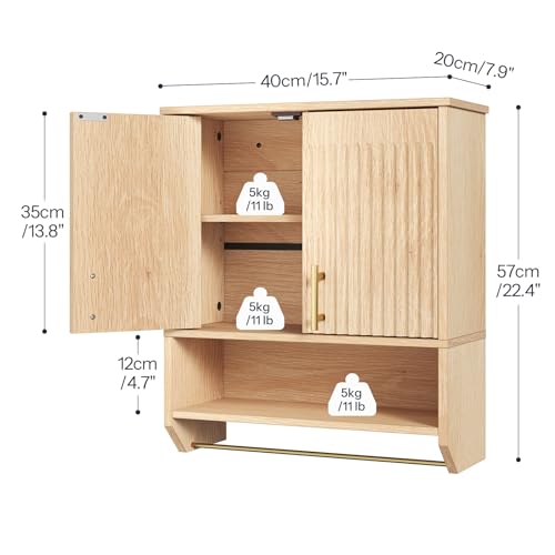 Narrow Bathroom Wall Cabinet with Towel Rack - Farmhouse Fluted Style, Natural, 15.7"L x 7.9"W x 22.4"H