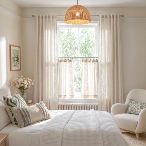 JINCHAN Ivory Floral Linen Curtains 50" x 84" - Pack of 2, Back Tab, Light Filtering