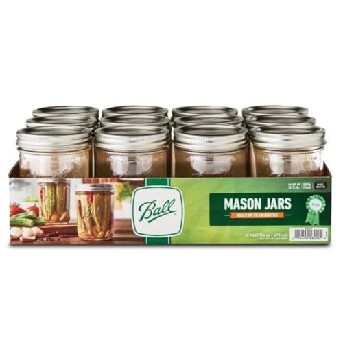 Ball Wide Mouth Pint Canning Jars Set of 12 - Clear Mason Jars for Food Storage