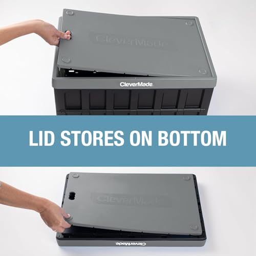 CleverMade Collapsible Storage Bins with Lids 62L Stone 3 Pack - Heavy-Duty Plastic Organizers