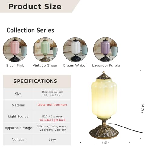 YESIDS Green Vintage Milk Glass 3-Way Dimmable USB-C Bedside Table Lamp