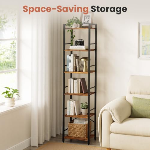 Tall 6-Tier Bookcase with Side Rails - Rustic Brown & Black, Space-Saving Shelving