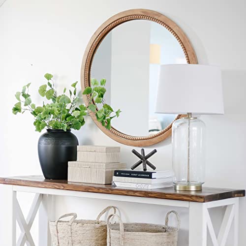 24-Inch Rustic Wood Circle Farmhouse Wall Mirror - Boho Bathroom Decor, Nature Finish