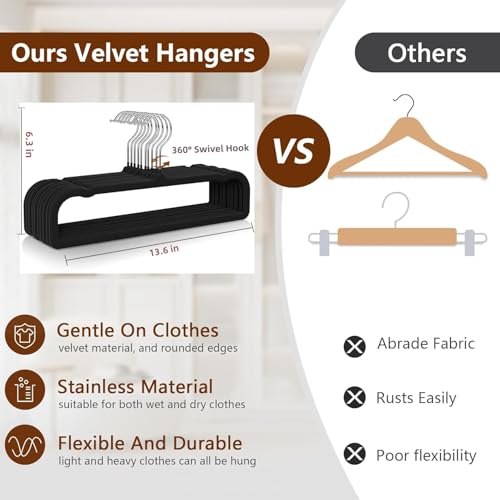 Besslly 50 Pack Black Velvet Non-Slip Pants Hangers, Space Saving & Slim Design