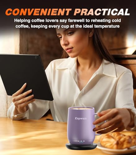 Kepwam Self Heating Coffee Mug T2, 16oz Smart Heated Coffee Mug, 150 Min Battery Life - Hot up to 149℉ Temperature Control Coffee Mug Warmer, Gifts for Dad Mom (No APP)