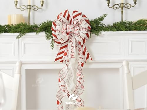 HUIHUANG Red Christmas Tree Topper Bow 13x45 Inch, Red and White, Wired Holiday Decor