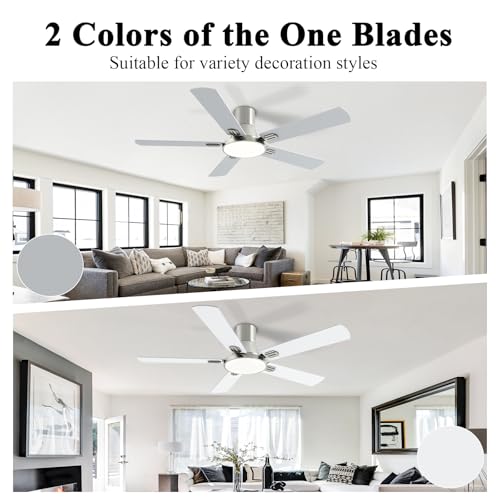 52 Inch Brushed Nickel Ceiling Fan with Lights and Remote - Flush Mount, Reversible DC Motor, Quiet & Dimmable