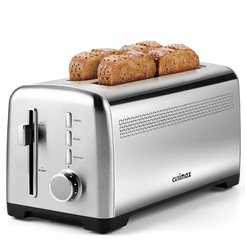 CUSIMAX Silver 4-Slice Long Slot Toaster for Sourdough and Artisan Bread