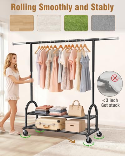 Heavy Duty Clothes Rack with 2 Shelves - Black, Adjustable & Mobile