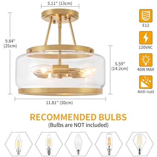 Brushed Gold Semi Flush Mount Ceiling Light Fixture 11.81" for Hallway, Kitchen & Entryway