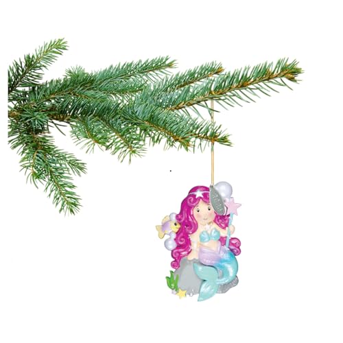 Pink Mermaid Ornament with Star Wand & Fish - Personalizable Christmas Decor - Mermaid Variation