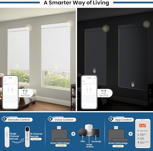 Motorized No-Drill Smart Window Blinds with Remote - White 34x72