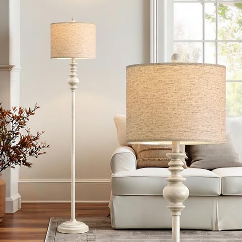 Farmhouse Floor Lamp 64.25-Inch Tall Antique White Standing Light for Living Room & Bedroom - Rustic Corner Lamp with Rotary Switch