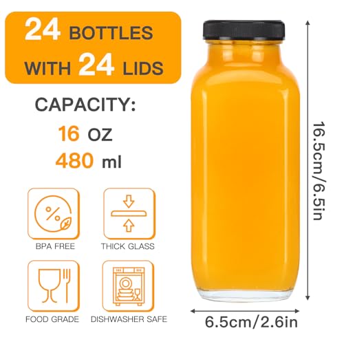 CUCUMI 24pcs 16oz Glass Juice Bottles with Lids, Stickers, & Accessories