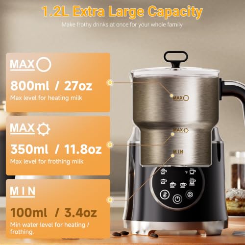 Black Milk Frother with Variable Temperature & Thick Foam, 27oz/800ml Capacity