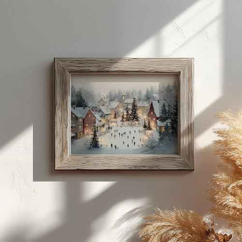 Christmas Village Winter Scene Wall Art Print, Ice Skating Holiday Painting, Snowy Town Square Christmas Decor, Rustic Farmhouse Holiday Wall Artwork, Cozy Festive Home Decoration (8X10inch-Unframed)