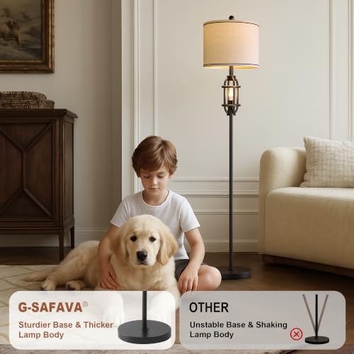 G-SAFAVA 62.5-Inch Industrial Black Floor Lamp with Linen Shade - Tall Standing Living Room Lamp with Dual Rotary Switch