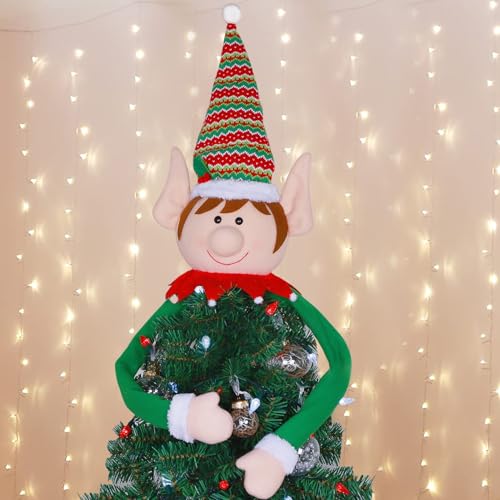 Juegoal Christmas Elf Tree Topper, Large Plush Elves Treetop Hugger with Red Green Stripes Top Hat & Red Collar, Xmas Tree Ornament Supplies Holiday Winter Home Wonderland Party Decorations