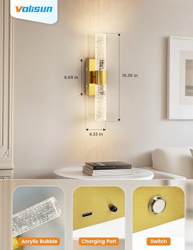 VOLISUN Gold Battery Operated Wall Sconces Set of 2, Wireless Rechargeable Wall Lights with Remote, Dimmable, 3 Color Temps, 15.3 inch
