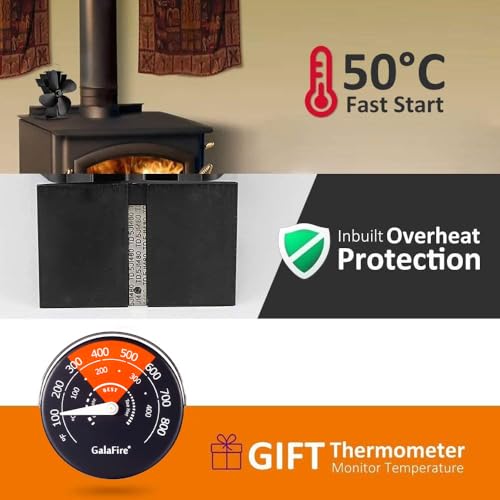 4-Blades Heat Powered Wood Stove Fan N429 with Thermometer - Black, Variation of N429-126cfm
