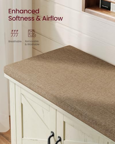 VASAGLE Farmhouse Entryway Shoe Bench with Cushion, Rustic White & Walnut Brown, 39.4" Wide