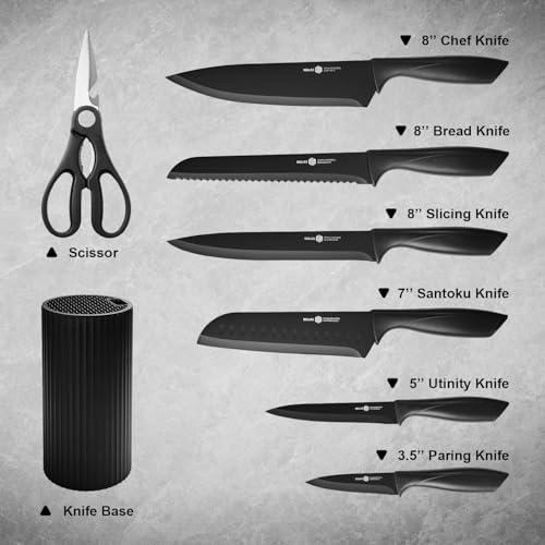 NULAS Black 8-Piece Kitchen Knife Set with Universal Block - Sharp, Rust-Resistant, Dishwasher Safe
