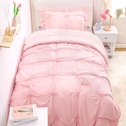Twin Comforter Set for Girls, Boho Pintuck Bedding Sets, 4 Pieces