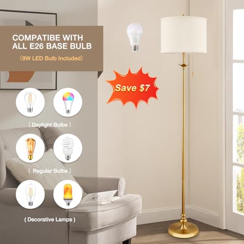 Luvkczc 60-Inch Gold Floor Lamp with Fabric Shade - Modern Living Room Lighting