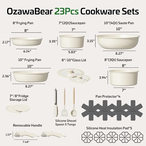Cream White 23-Piece Non-Stick Pot and Pan Set with Detachable Handles - Space Saving Cookware