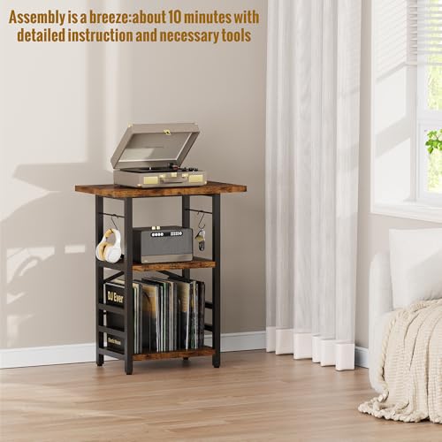 Record Player Stand with Vinyl Storage and Extended Desktop - Rustic Brown