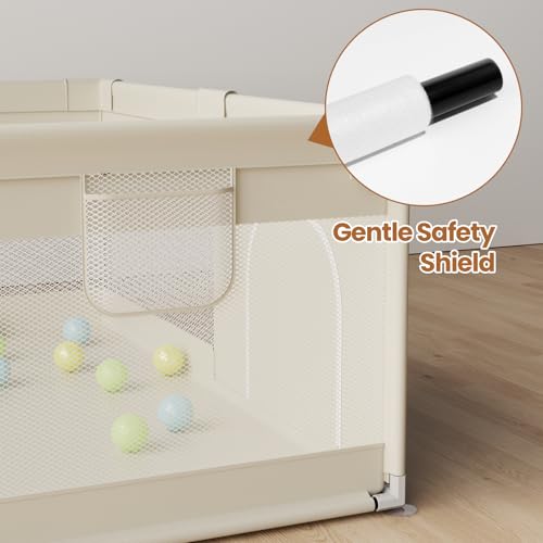 Beige Large Baby Playpen - 69x59 Inch Safety Play Yard for Toddlers & Babies - Sturdy Mesh Sides & Side Pockets