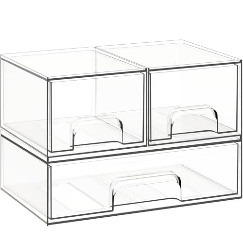 Criusia Stackable Storage Drawers, 3 Pack Clear Acrylic Makeup &