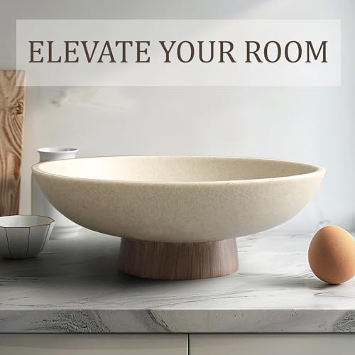 Resin Pedestal Fruit Bowl with Wood-Look Base - Large Modern Kitchen & Dining Centerpiece - Brown