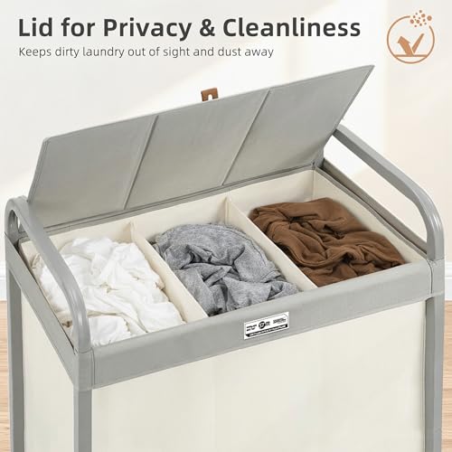 Beige 3 Section Laundry Hamper with Lid and Wheels - Extra Large 230L Storage Basket