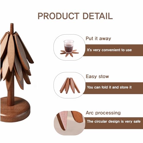Powdonunt Brown Wooden Tree Coasters, 3 Foldable Tripod Trivets with Stands
