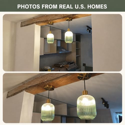 2 Pack Pendant Lights with Vintage Green Ribbed Glass Shades - Adjustable Brushed Gold Fixtures for Kitchen Island, Dining & Living Room (Bulbs Not Included)