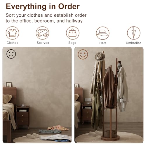 Muwuele Walnut Solid Wood Rotary Coat Rack with 3 Shelves & 9 Hooks - Freestanding Coat Tree for Entryway & Bedroom