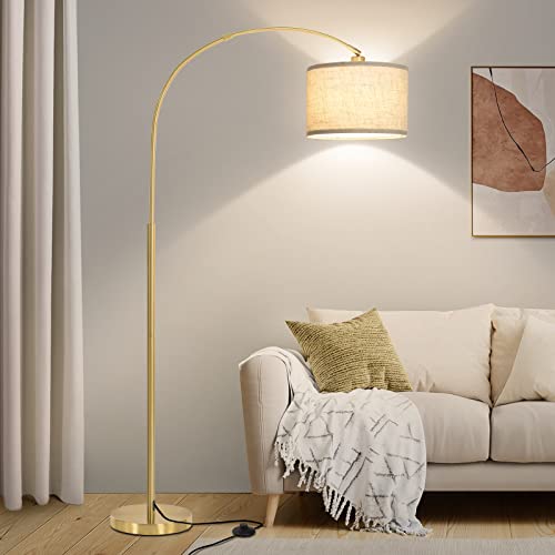 Gold Arc Floor Lamp for Living Room with Adjustable Drum Shade - Modern Tall Standing Light with Foot Switch