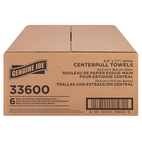 Genuine Joe Centerpull Towels 8.13 x 7.56 Inches, 1-Ply, 600 Sheets/Roll, 6 Count - Soft Absorbent Bathroom Towels