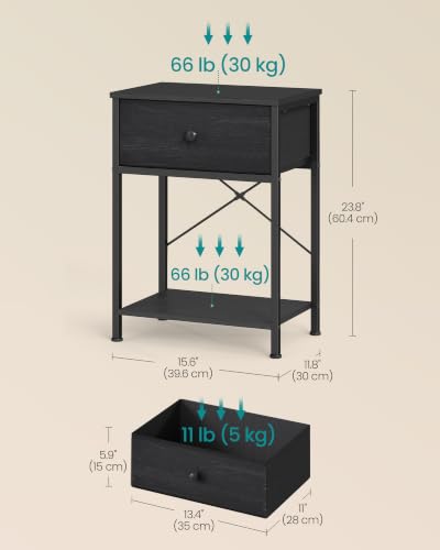 SONGMICS Black Nightstand with Fabric Drawer - Small Narrow End Table Set of 2