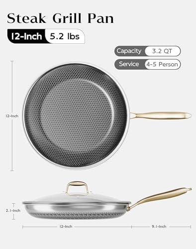 12 Inch Nonstick Frying Pan with Lid Honeycomb Surface PFAS-Free All Cooktops