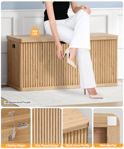 Large Wooden Storage Chest - Fluted Design with Safety Hinges, 37.4" Wide, Oak Finish, Variation of 15.4" D x 37.4" W x 17.9" H
