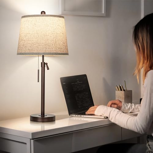 Adjustable Height Bedside Table Lamps Set of 2 - Brown + Beige Shade, 3 Color Temperatures, Modern Nightstand Lamps for Bedroom and Living Room