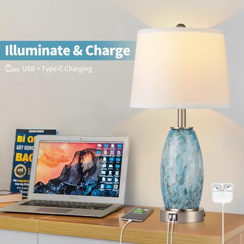 Light Blue Coastal Modern 23.5-Inch Table Lamps Set of 2 with USB Charging Ports
