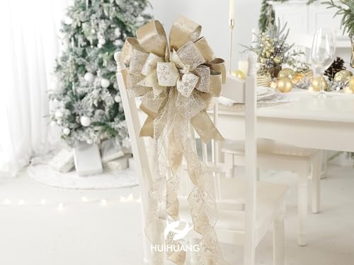 Champagne Gold Christmas Tree Topper Bow 13x45 in - HUIHUANG (Blue & White Variant) - Large Wire Ribbon 3-Design
