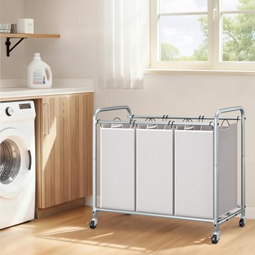 Laundry Sorter with 3 Removable Bags - Gray, 135L Capacity, Wheels
