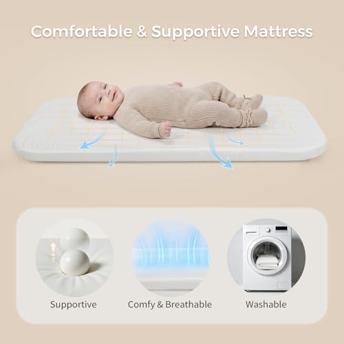 Baby Bassinet Bedside Sleeper Khaki 2-in-1 Crib with Mattress & Mesh Design
