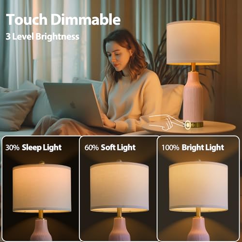 24.5-Inch Dimmable Touch Control Ceramic Table Lamp Set - Pink, 2-Pack with USB A+C Ports - Modern Farmhouse Nightstand Lamps - Variation: 24.5"-TU-Pink