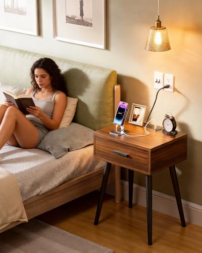 Nightstands Set of 2 with Charging Station - Mid Century Bedside Table NS003X